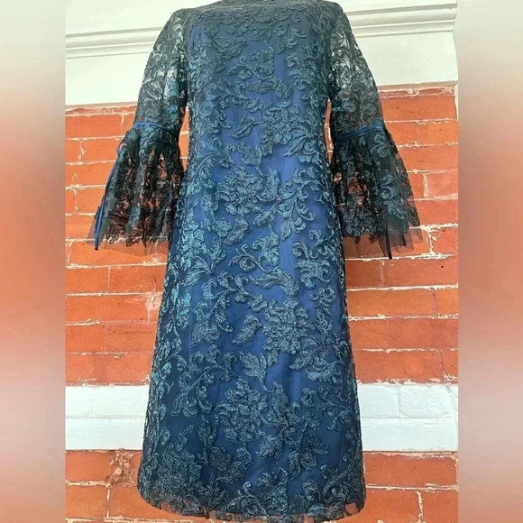 Theia Blue Party Dresss with Metallic Embroidered Black Net Overlay Bell Sleeve - Picture 8 of 13
